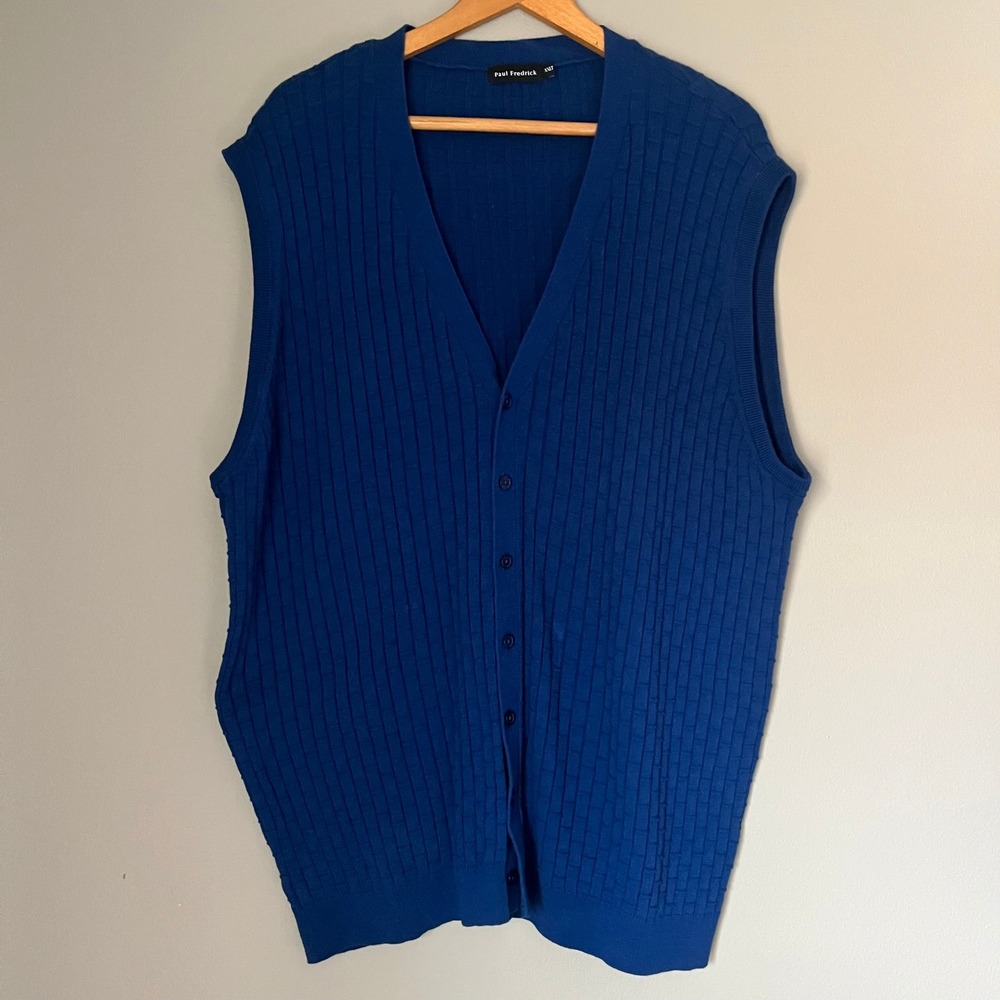PAUL FREDRICK Blue Knit Cotton Sweater‎ Vest Size XXL TALL Preppy Grandpa
